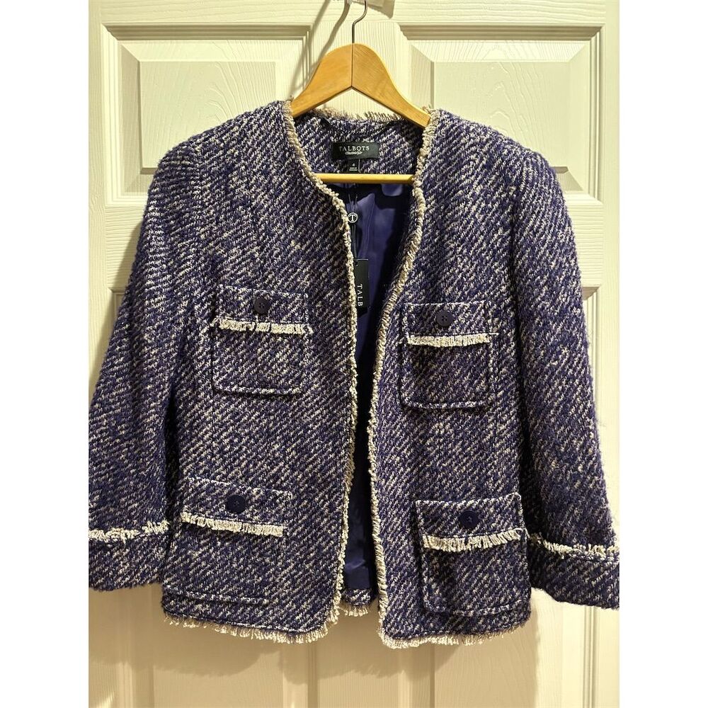 Talbots Women's 4 Purple Tweed Wool Blend Open Front Blazer Jacket NWT‎